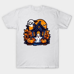 Pumpkin Lanterns' Eerie Glow: A Ghost House Tale T-Shirt